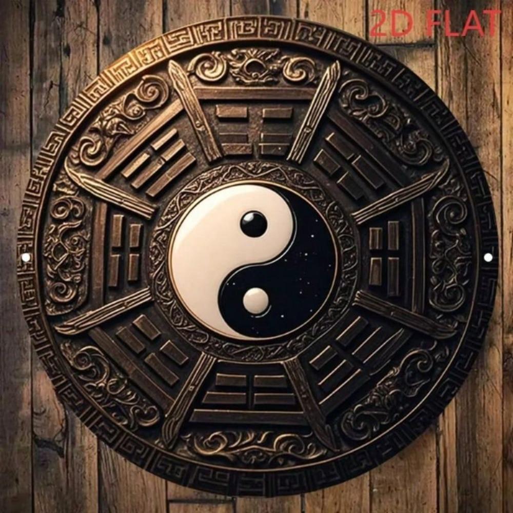 Metal Wall Poster Taoism Taiji Bagua Pattern Vintage Round for Living Room