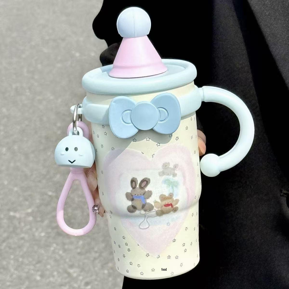Cute Blue Rabbit Thermos Cup with Straw for Girls – High Appearance Ice Buster 600ml