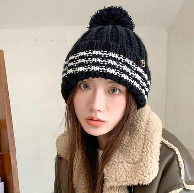 Cute Wool Ball Black and White Striped Knitted Hat Women's Winter Autumn and Winter New Thermal Ear Protection Wool Hat Tide