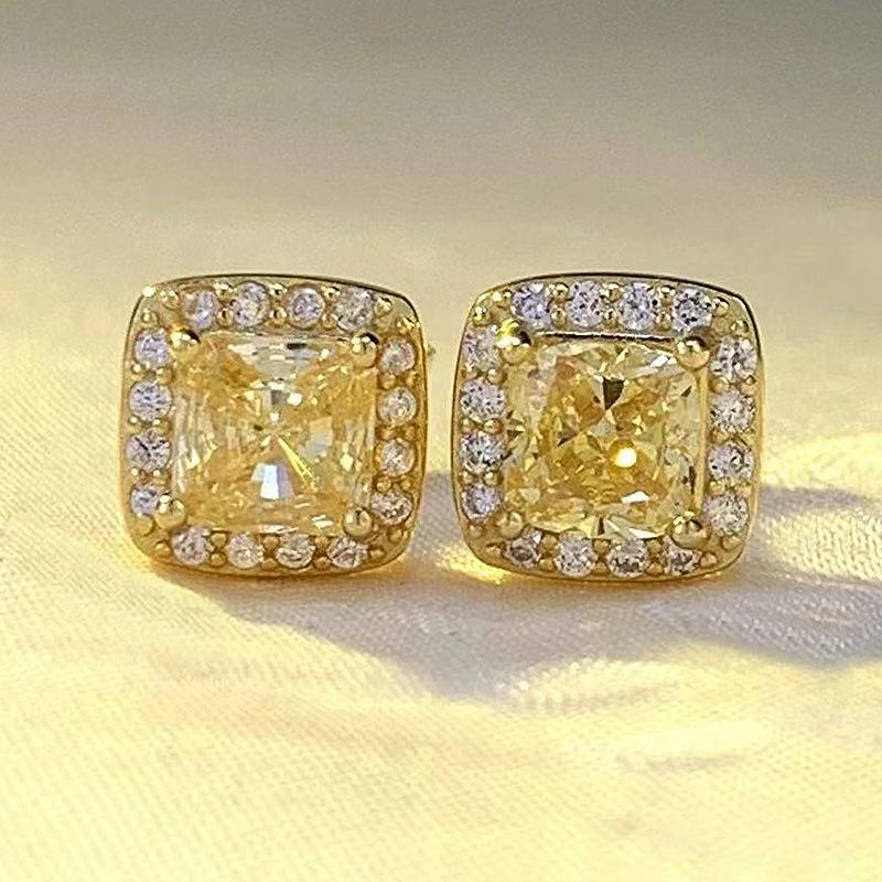 Zhuo Zhifan 2023 S925 Silver Yellow Diamond Square Stud Earrings for Women - Radiant, Versatile, and Perfect for Daily Wear.
