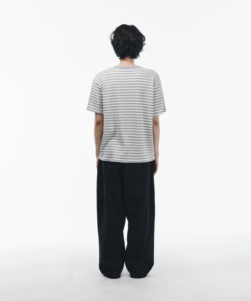 SIGNATURE Striped Henley Neck Short Sleeve T-Shirt [Gray]