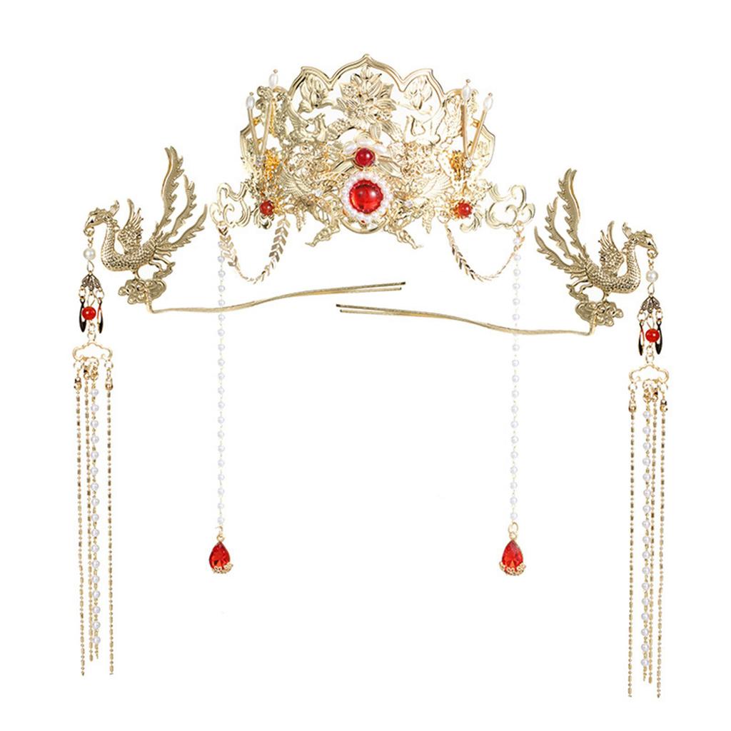Elegant Chinese Red Bridal Phoenix Crown Headpiece with Unique Tassel Design for Weddings and Special Occasions