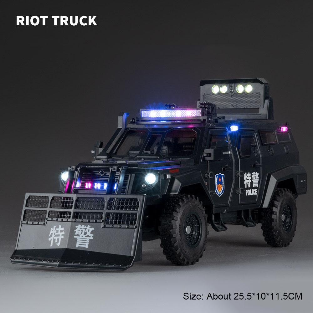 1:24 Rezvani Vengeance Spinosaurus Riot Police Car Model Toy Music Light Wheel Steering SWAT Models for Children's Gifts