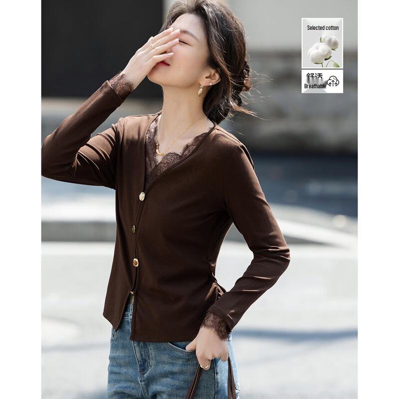 Demana Cloud Oxygen Cotton Lace Patchwork V-neck Slimming T-shirt XL