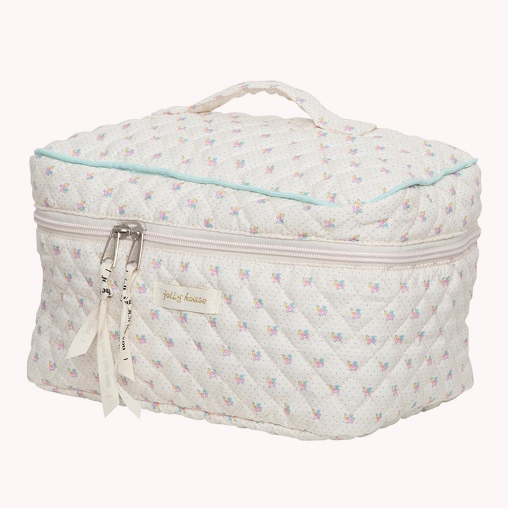 Korean Cute Travel Organizer Portable Zipper Makeup Pouch Quilted Clutch Handbag Large-capacity Floral Print for Ladies Girl
