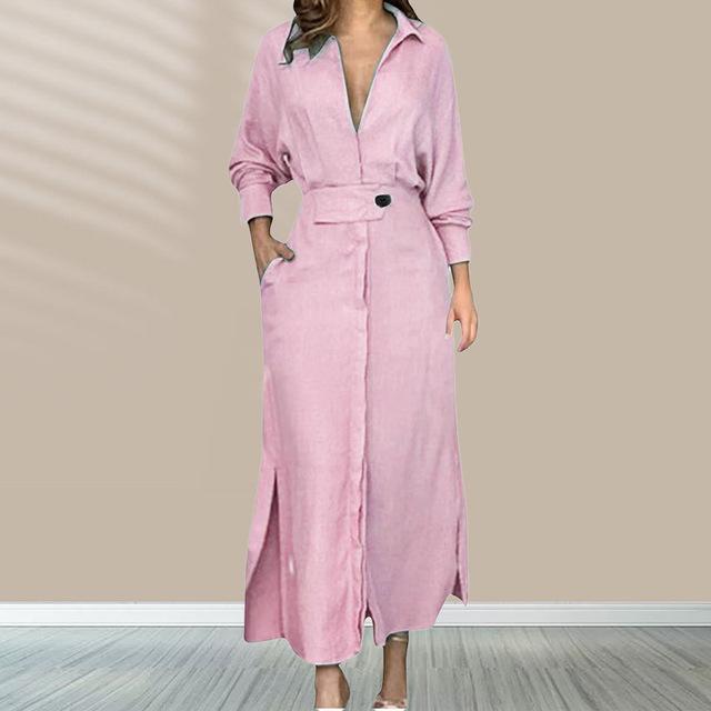 Modna sukienka dla kobiet luksusowa elegancka sukienka w jednolitym kolorze jesienna impreza kieszenie długie rękawy nieregularne sukienki koszulowe