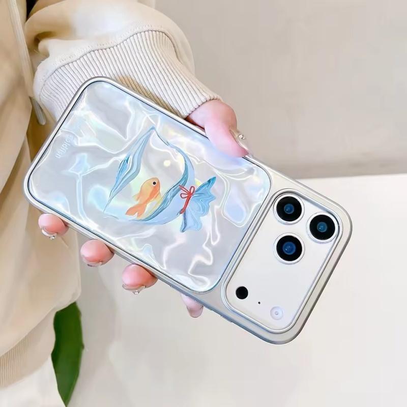 Cute Luck Goldfish Bag Water Ripple Silver Border Drop Glue Shock Proof Phone Cover Case for iPhone 17 16 15 14 Pro Max