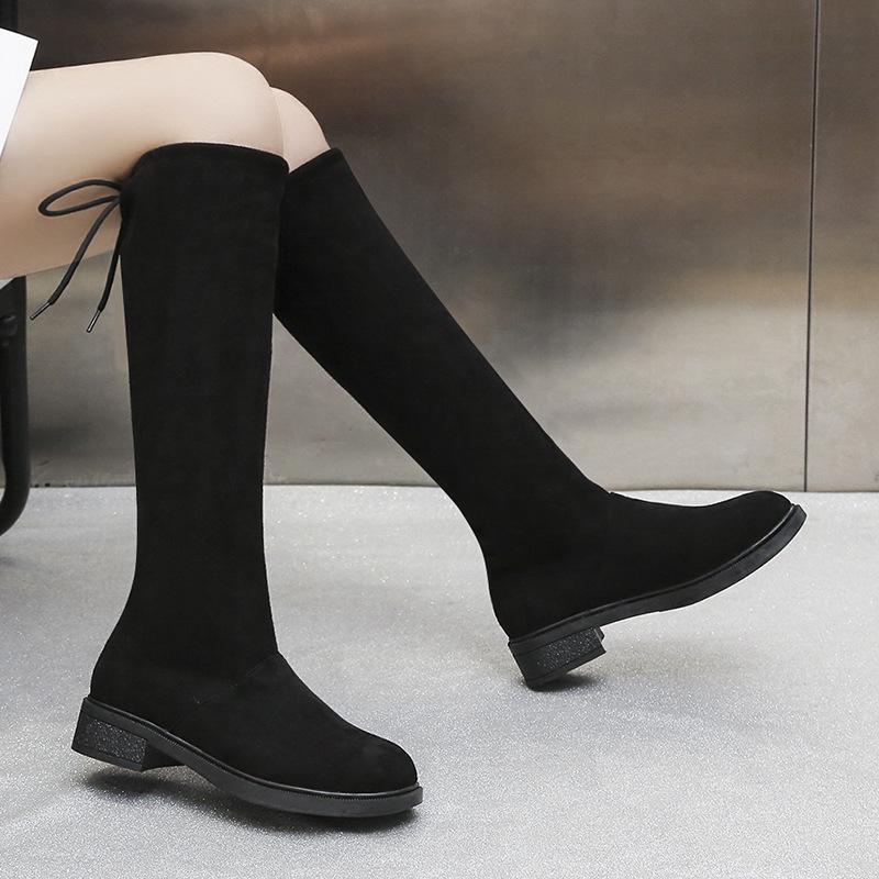 2025 Autumn Women's Black Over-the-Knee Knight Boots with Thick Soles and Elastic Detail