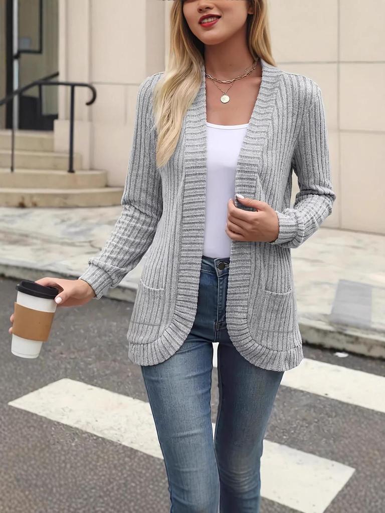 2025 Autumn/Winter Solid Color Ribbed Patchwork Long Sleeve Cardigan