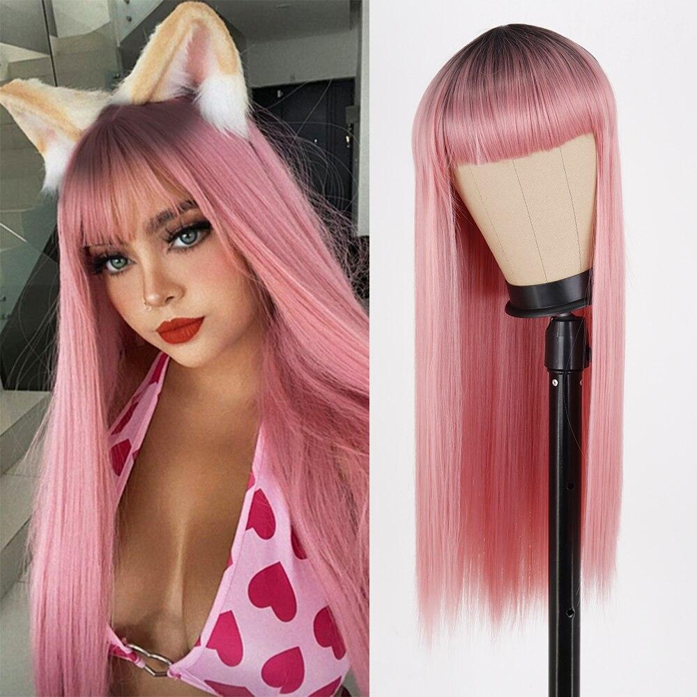 MERISIHAIR Long Straight Black Wig with Bangs Synthetic Hair Wigs Bang with Wig for Women Wine Red Gold Heat Resistant Wigs