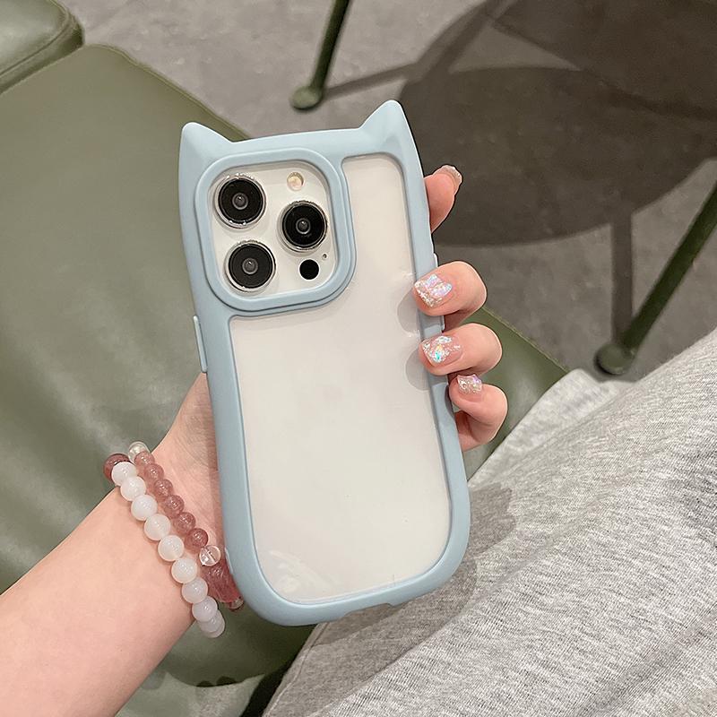 Cute 3D Cat Ear Transparent Phone Case For 17 16E 16 15 14 Plus 13 12 11 Pro Max Cartoon Lovely Shockproof Clear Cover