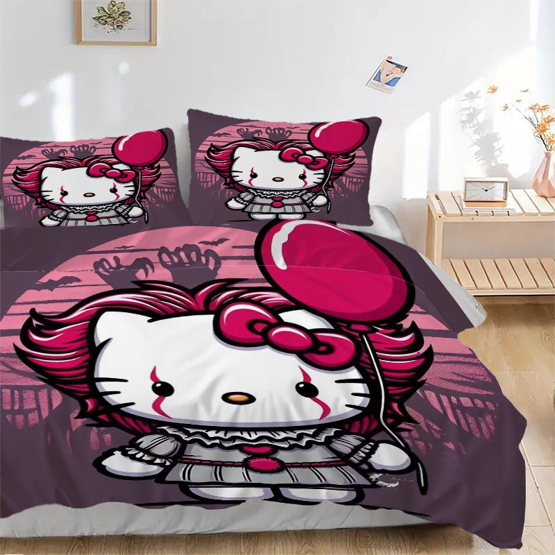 

3pcs Cute Cat Character Hello Kitty Quilt Set - Soft and Comfortable Bedroom, Guest Room and Dorm Decor Bedding Set 1 Quilt Cover + 2 Pillow 135x200cm