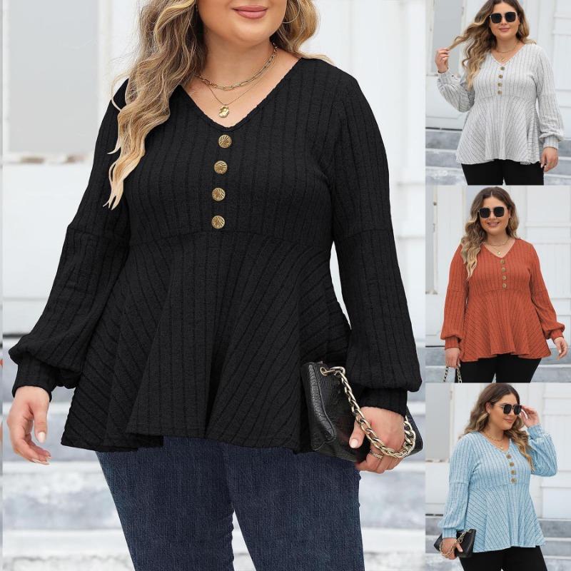 Women's Doll Shirt V-neck Pit Strip Lantern Sleeve T-shirt Gold Button Splicing Casual Versatile Top