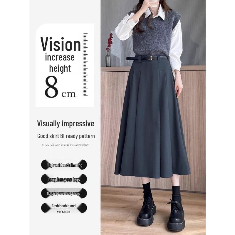 Pleated Midi A-line Skirt with Invisible Zipper & Belt