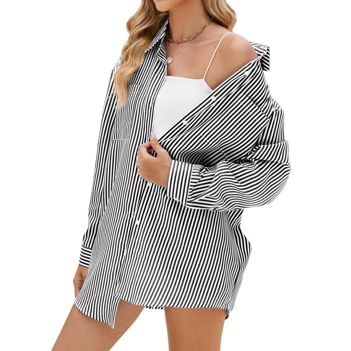 

Fall Winter New Oversize BF Style Striped Loose Long Sleeve Shirt for Amazon Europe America Cross-border Foreign Trade S