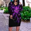 Women Plus Size V Neck Long Sleeve Black Purple Printed Fitted Dress