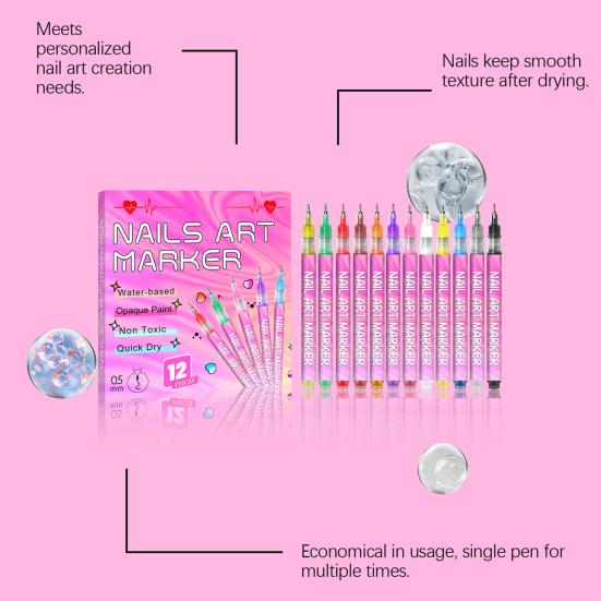 1 Zestaw 12 Kolorów Pisaki do Nail Art 0.5MM DIY Żelowy Nail Art Markery do Farby Akrylowej Szybkoschnące Graffiti Kropkowanie Końcówka Linery Narzędzia do Rysowania i Malowania Nail Art