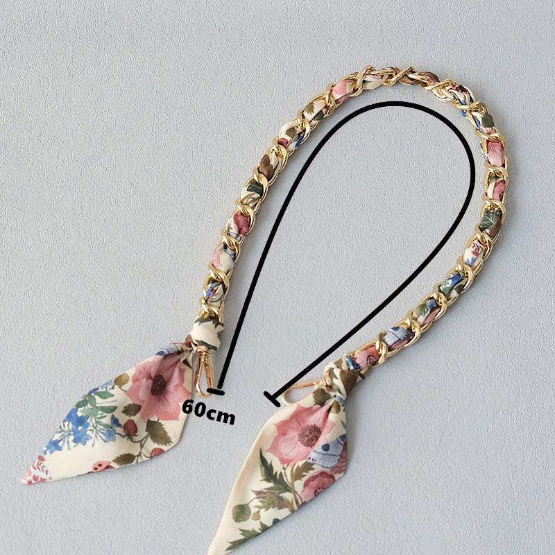 New Fashion Brand Woman Handbag Accessory Chains Detachable Floral Print Gold Silver Metal Silk Shoulder Strap Women DIY Chain Bag Handles