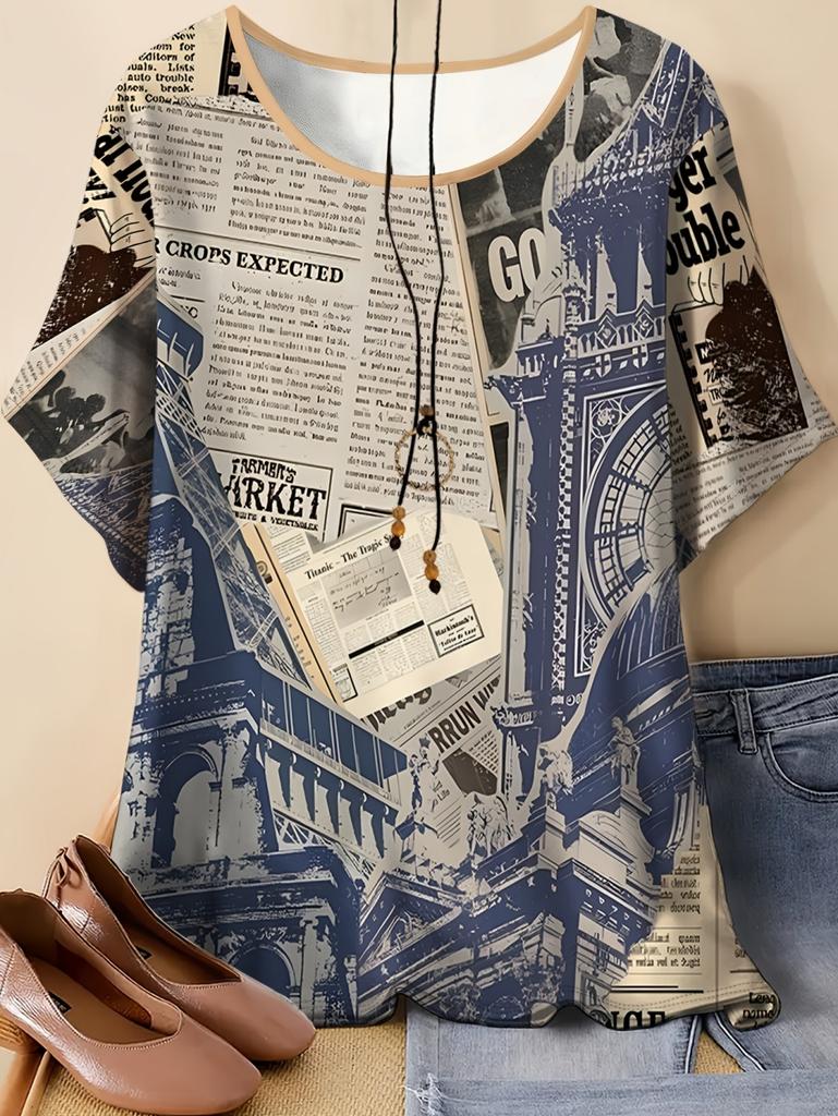 Vintage Newspaper Letter Print Women's T-Shirts Casual Fashion O-Neck Top Oversize Tees Summer Loose T-Shirt Women's Clothing