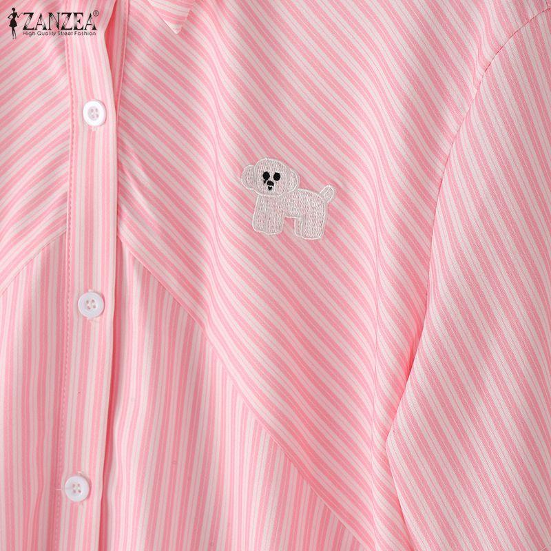 ZANZEA Women Casual Turn Down Collar Short Sleeve Loose Stripe Blouse