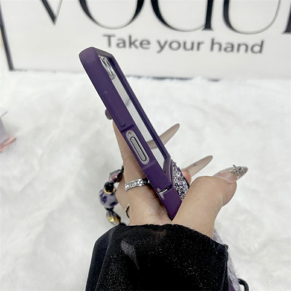 For Samsung Galaxy Z Flip7 5G Case Stone Decor Glitter Leopard Splicing Plush PC Phone Cover with Hand Chain