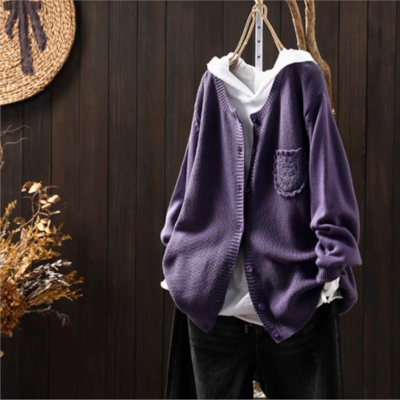 

Johnature Women Vintage Knitted Sweaters Long Sleeve Patchwork Lace Pockets Button Autumn Solid Color Sweaters One Size