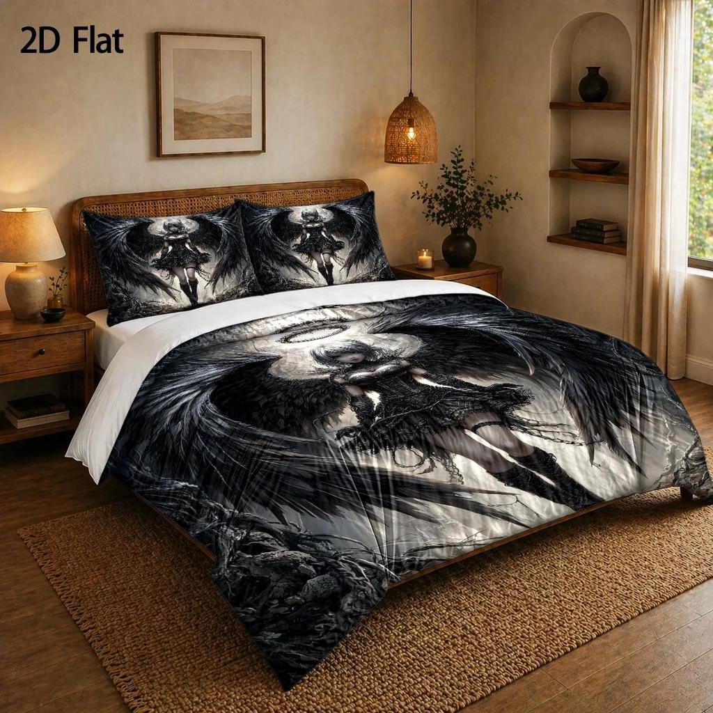 3-Piece Duvet Cover Set Black Dark Angel Gothic Halloween Bedding Set with Invisible Zipper Machine Washable for Bedroom
