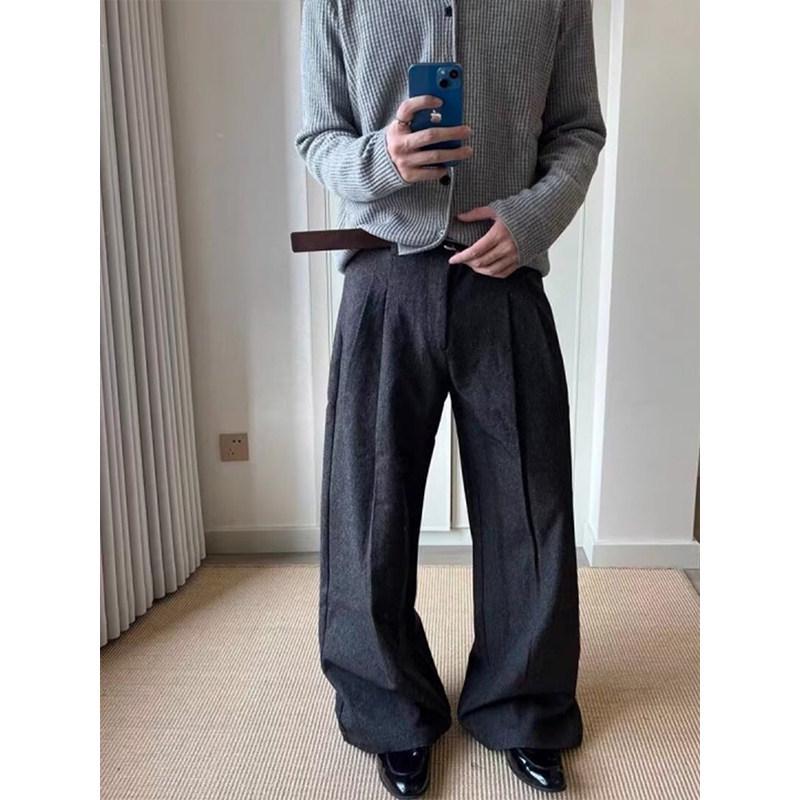 Men's Classic Double-Pleat Wide Leg Trousers - Spring/Autumn Collection with High-End Draping and Curved Loose Fit