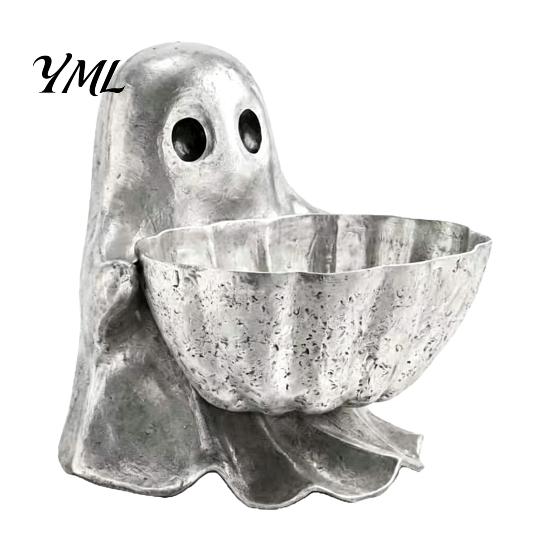 Retro Holiday Gifts Halloween Ghost Candy Bowl, Resin Decorative Storage Dish, Silver Bowl Gray Snack Holder, for Home Tabletop And Entryway