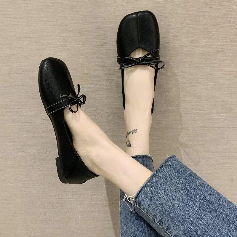 Fashion Leather Casual with Bow Black Woman Flats Low Heel Elegant Office Cheap Liquidation Popular Non Slip Spring Shoe Shoes for Women