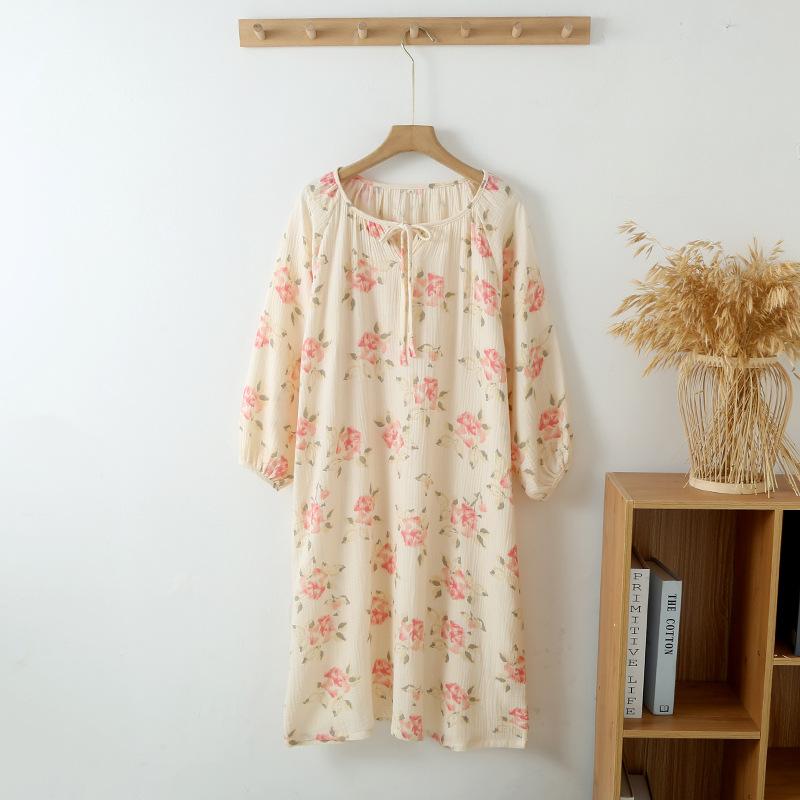 2026 Neuer Damen Frühling/Sommer Schlafrock 100% Baumwollkrepp Stoffrock Rundhals Fünf Ärmel Locker Süßes Hauskleid