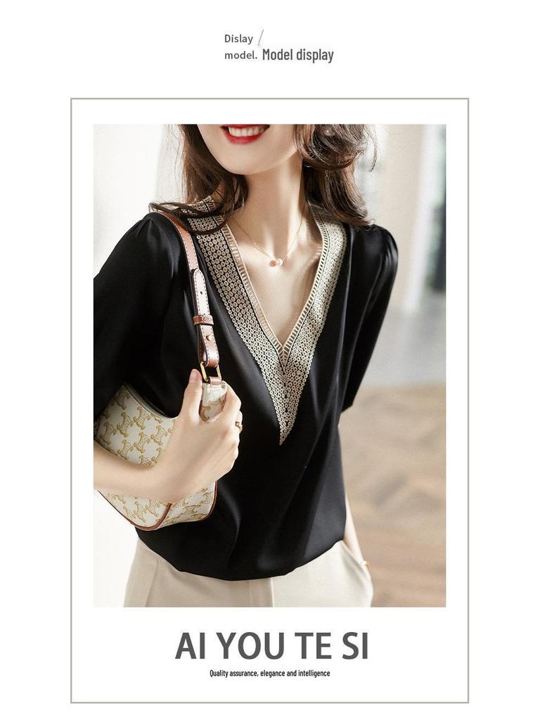 Top de Seda Negro con Cuello en V Adelgazante con Bordado Hueco - Ropa de Moda para Mujer