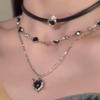 Black Rope Sweet Cool Heart Layered Leather Choker Necklace for Women