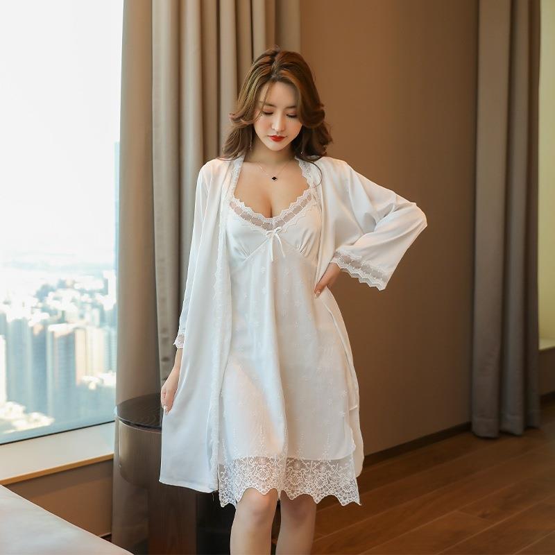 Pajamas Female Sexy Ice Silk Thin Ins Wind Summer New Lace Nightdress Two-piece Loungewear Spring and Autumn