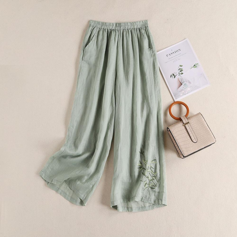 Thin Style Summer Women Loose Cotton and Linen Elastic Waist Solid Color Wide Leg Pants Casual Embroidery Trousers