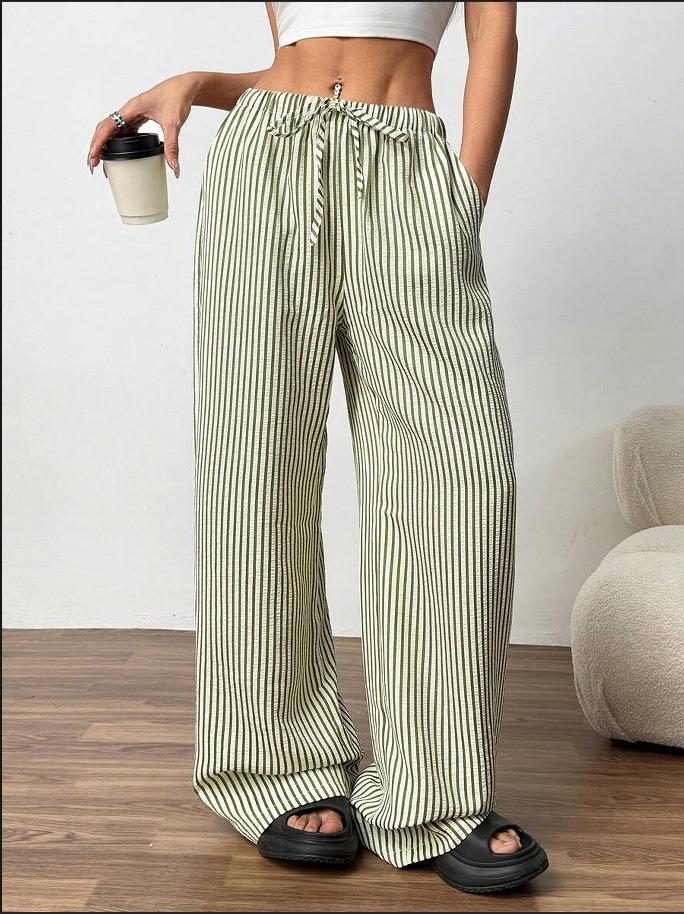 

women s Striped High Waist Drawstring Wide Leg Pants Casual Loose Palazzo Trousers 2XL оливковий