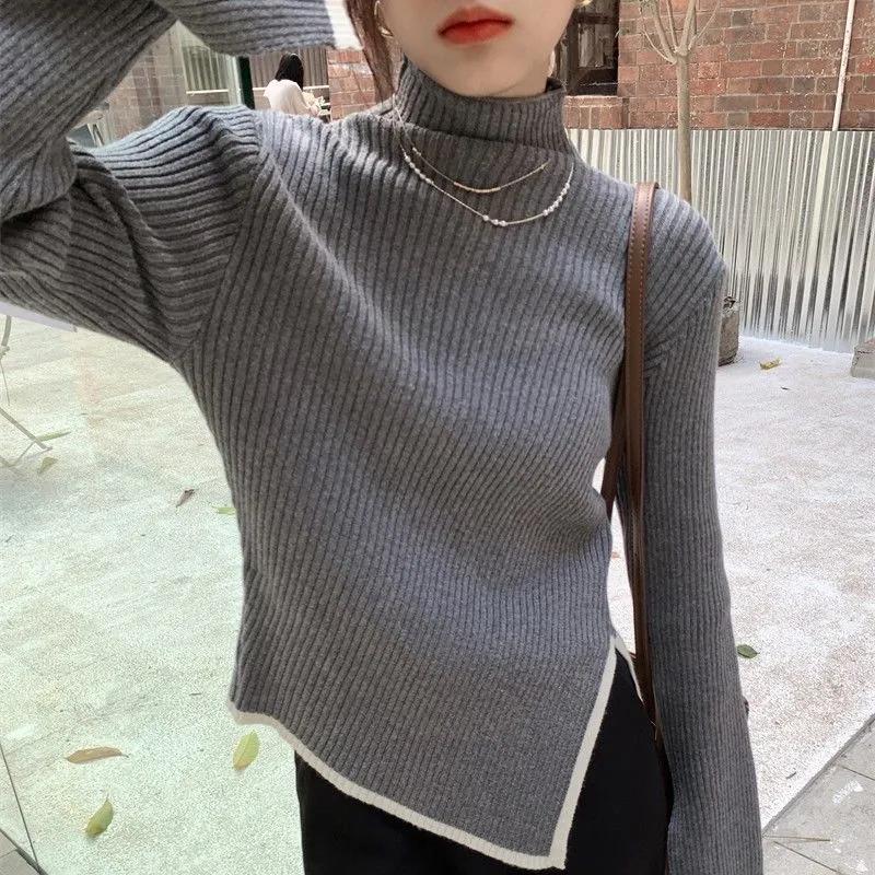 Jesień Zima Wysoki Kołnierz Bazowy Sweter Golf Boczne Rozcięcie Sweter Damski Styl Top Samodoskonalenie Sweter Rękaw Wąski Seksowny Krótki Sweter