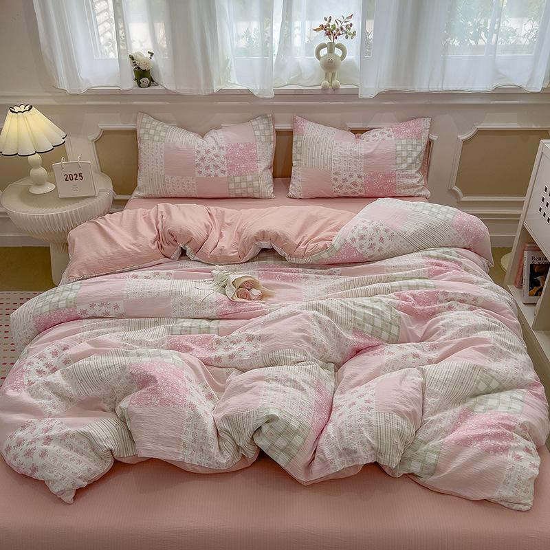 Cream Wind Double Yarn Bedding Four-piece Set Skin-friendly Breathable Washed Sheets Quilt Cover Pillowcase