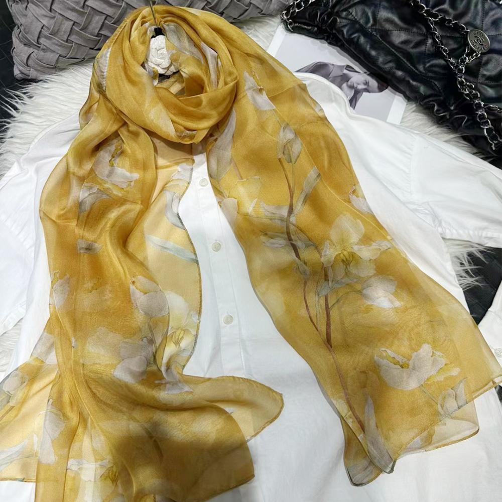 Blue Green 100% Silk Shawl Scarf Women Fashion New Floral Design Long Scarves Wraps Summer Chiffon Beach Scarf Wrap 180*110Cm