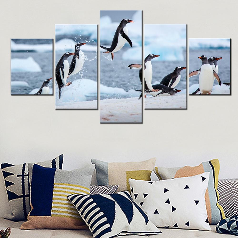 

5 Pieces Animals Canvas Picture Print Gentoo penguins Antarctica Wallpaper Poster Wall Art Home Decor For Living Room Framework 20x35 20x45 20x55cm