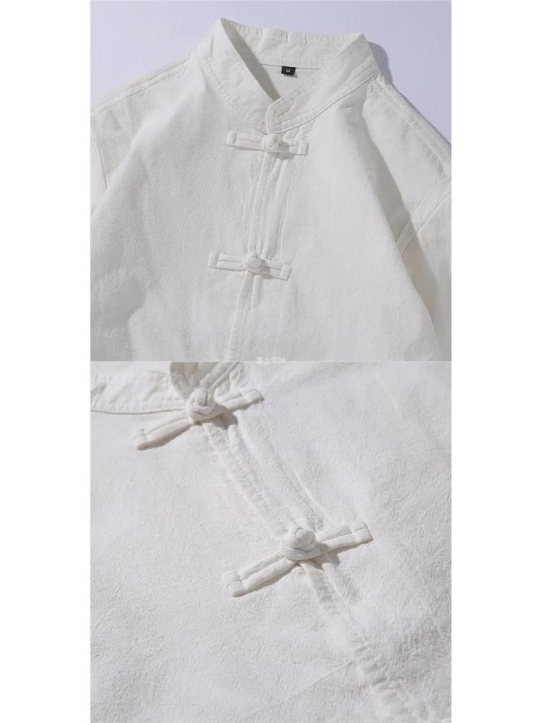 Herr Långärmad Vit Tangzuitröja - Retro Kinesisk Stil Hanfu med Ståkrage och Knappar