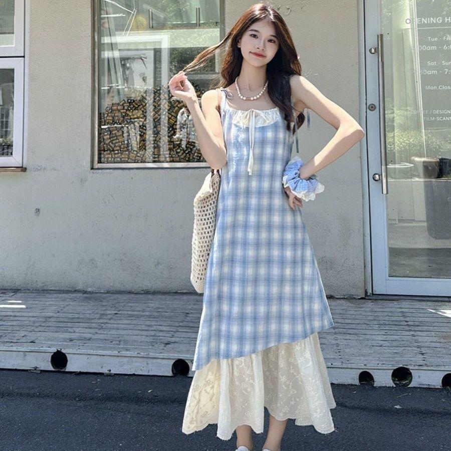 Lace Patchwork Check Suspender Dress Women Summer New Style Loose Fit Slimming Fake Two Piece Dress