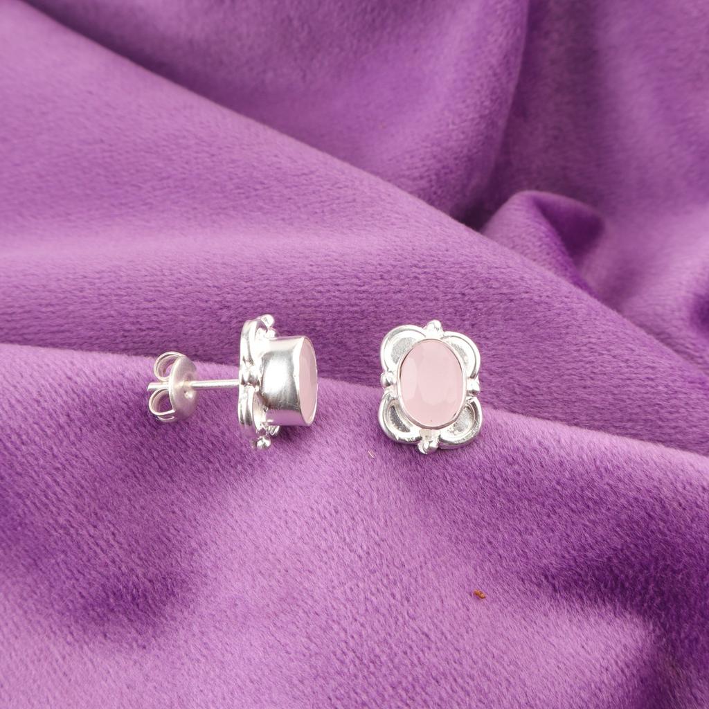 Rose Chalcedony Gemstone Stud Wife Gift Wedding Earrings Jewelry Sterling Silver EE-149-8