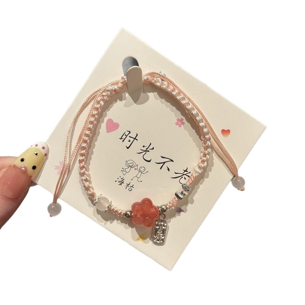 Pulseira Tecida Estilo Chinês Flor de Ameixeira em Resina - Cordão de Mão Versátil para Casal/Melhores Amigos