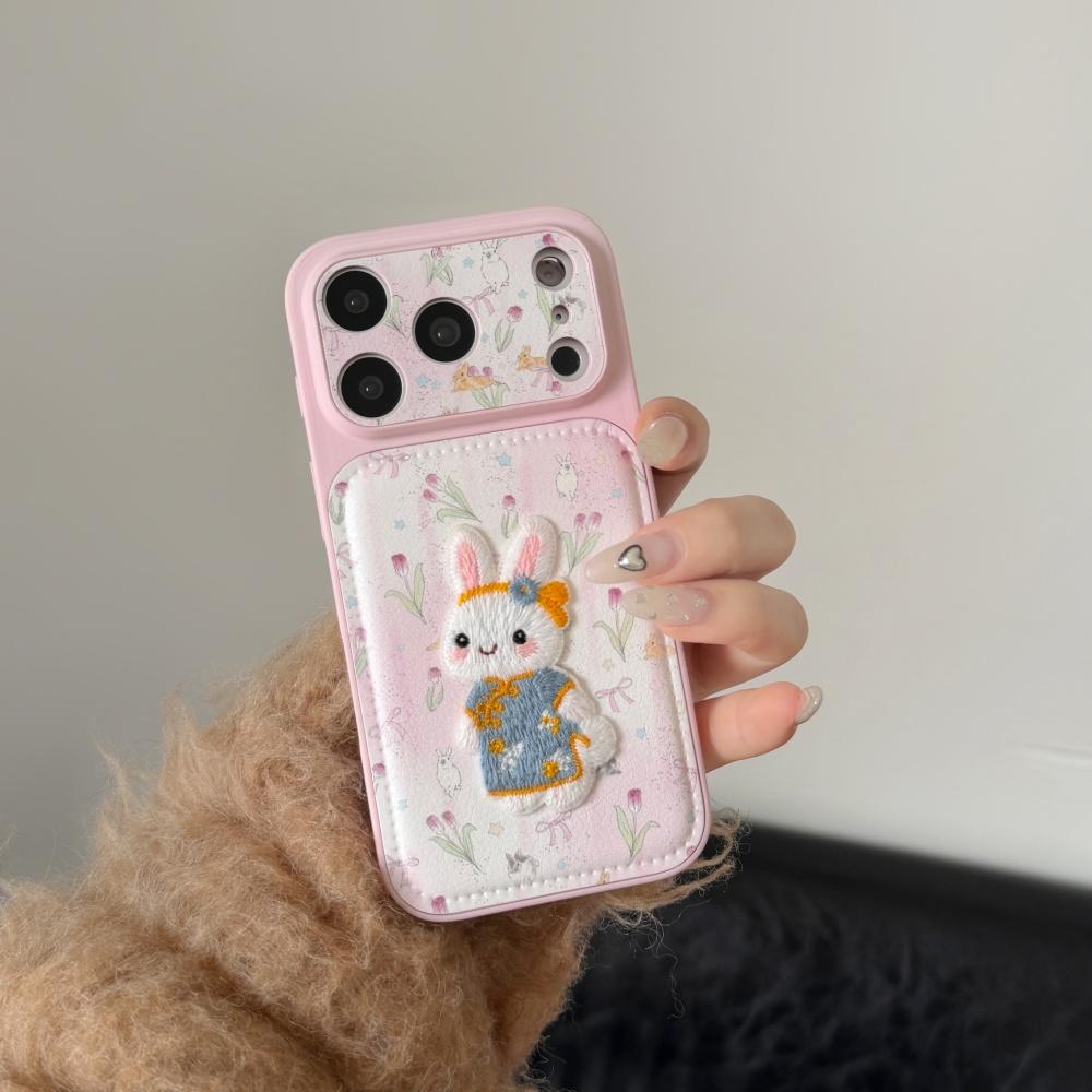 ins cute tulip embroidery rabbit for iphone17ProMax Apple 17 mobile phone case 16 new 15pro cartoon 14 creative 13 women's 16promax silicone anti-drop