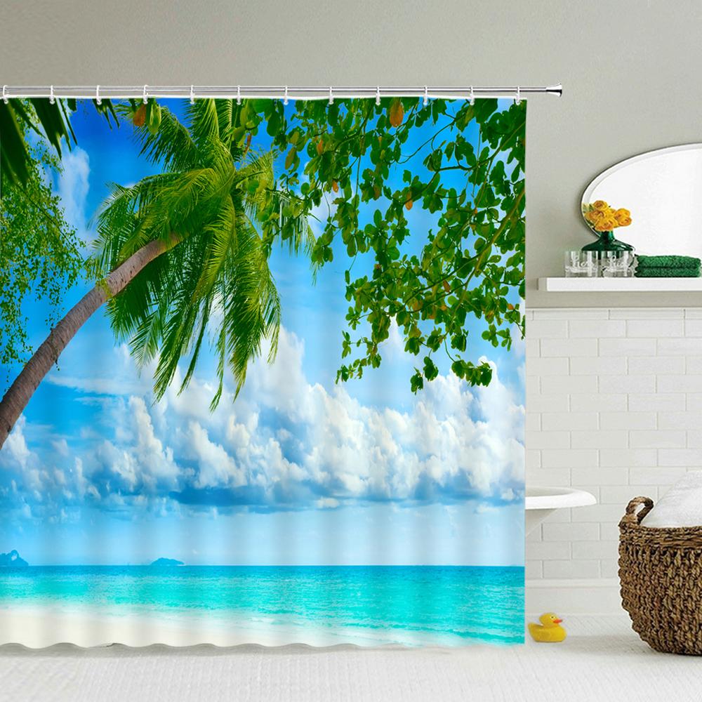 3d Beach Scenery Shower Curtains Sea Ocean Mediterranean Bathroom Curtain Waterproof Cloth Decoration 180*240cm Bath Curtain