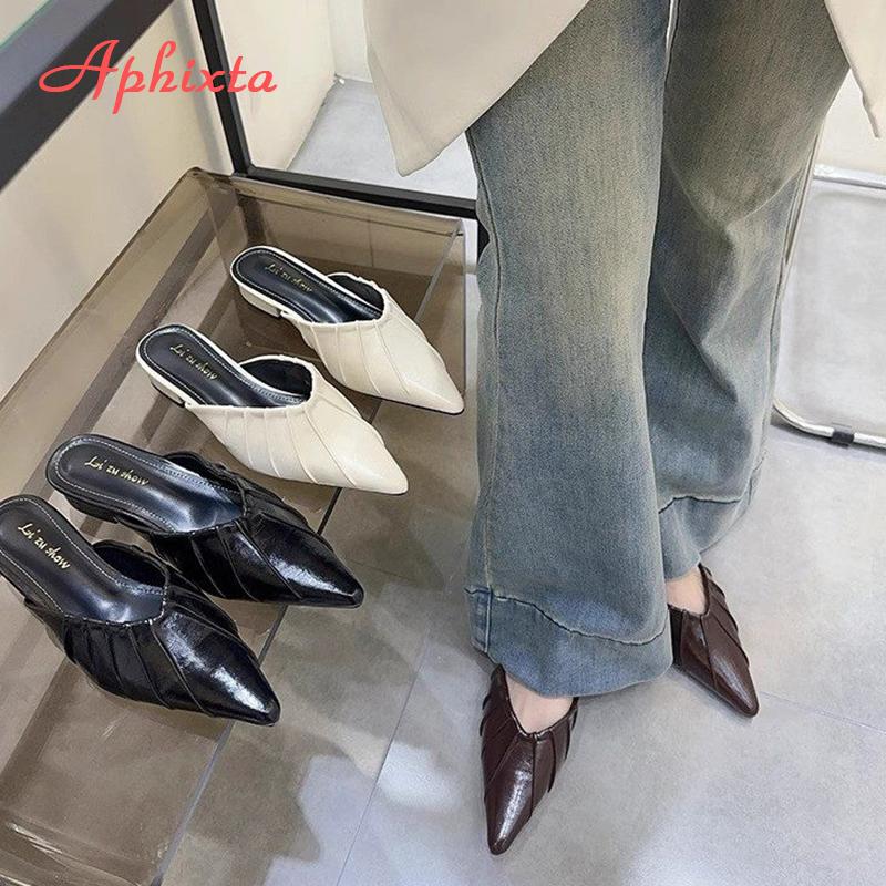 Aphixta High Heels Elegant Women Slides Pointed Toe Shallow Summer Dress Slides Sexy Pleated Design Patent Leather Slipper Shoe