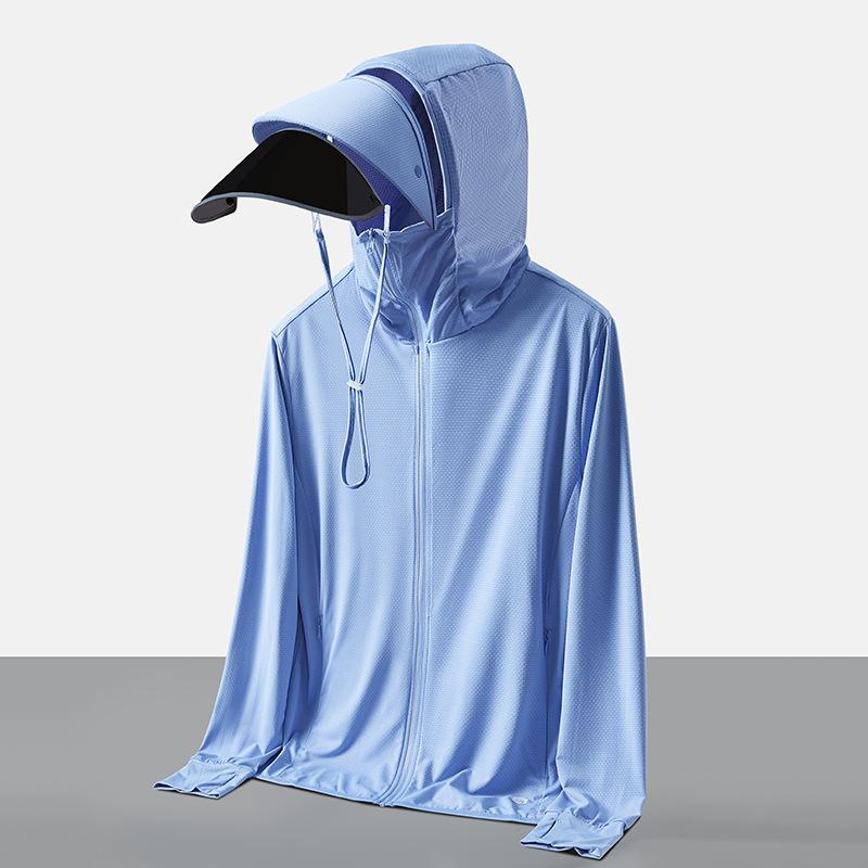 Summer sunscreen clothes men's and women's large brim removable outdoor ice breathable sunscreen shirt UPF10 + UV protection