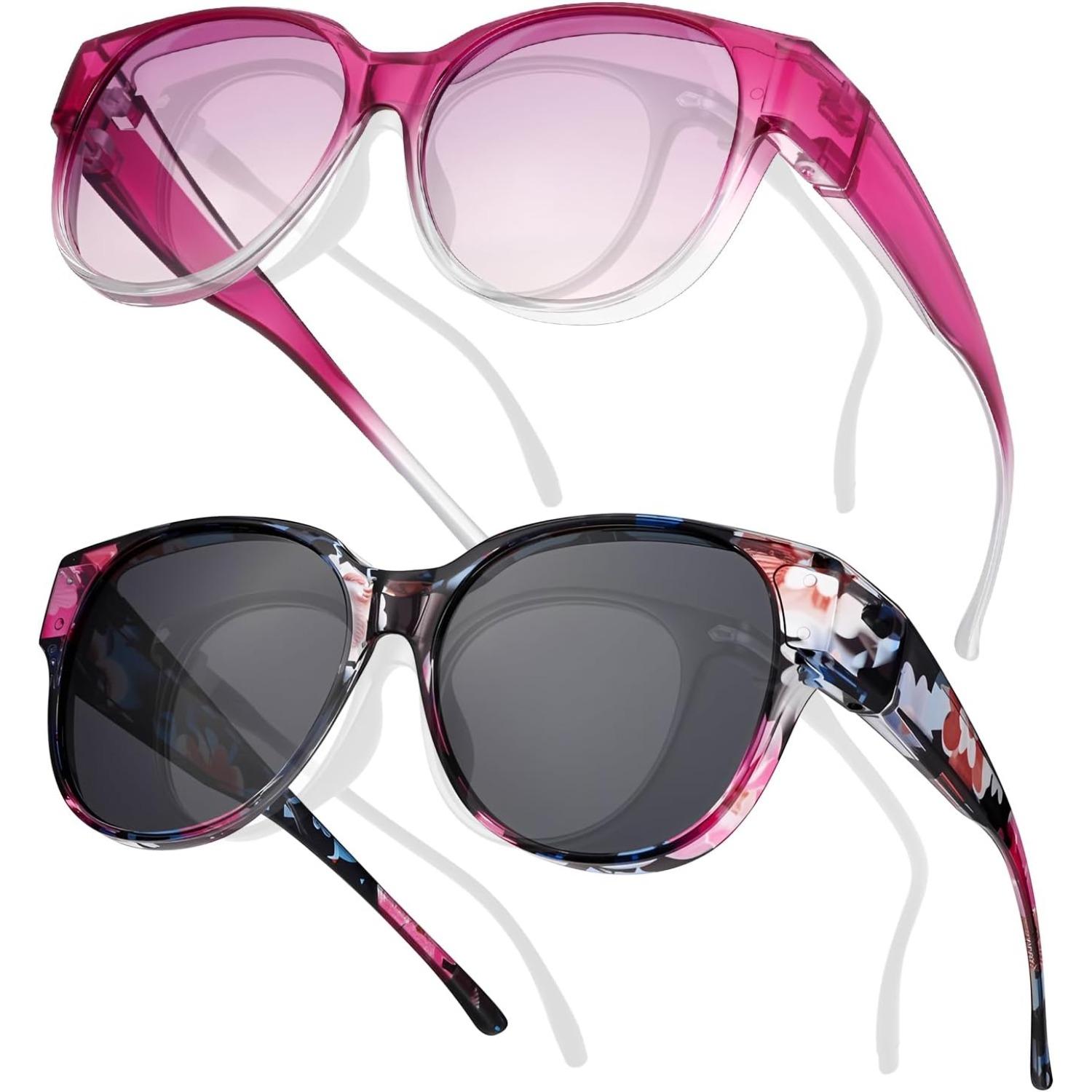 2 Pack Polarized Fit Over Sunglasses for Women, Trendy Sunglasses Over Prescription Glasses with UV Protection 2-Pack розовый