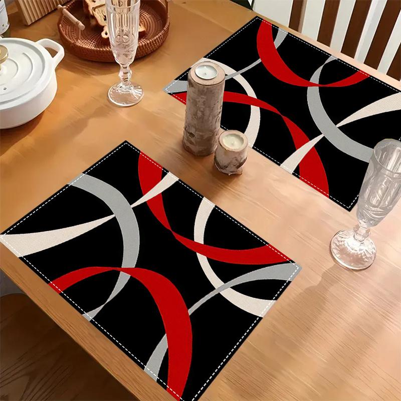 1pcs Modern Linen Placemats, Abstract Geometric Red White Line Design, Machine Washable Woven Dining Decor for Home